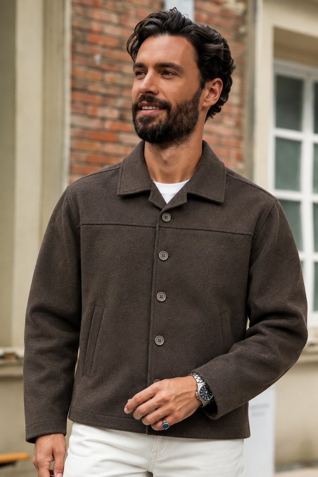 Men's Textured Seasonal Jacket with Buttoned Collar