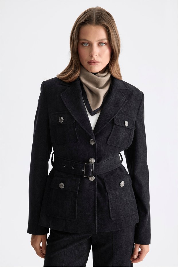 Velvet Jacket with a Flap Pocket and Belt, Black.