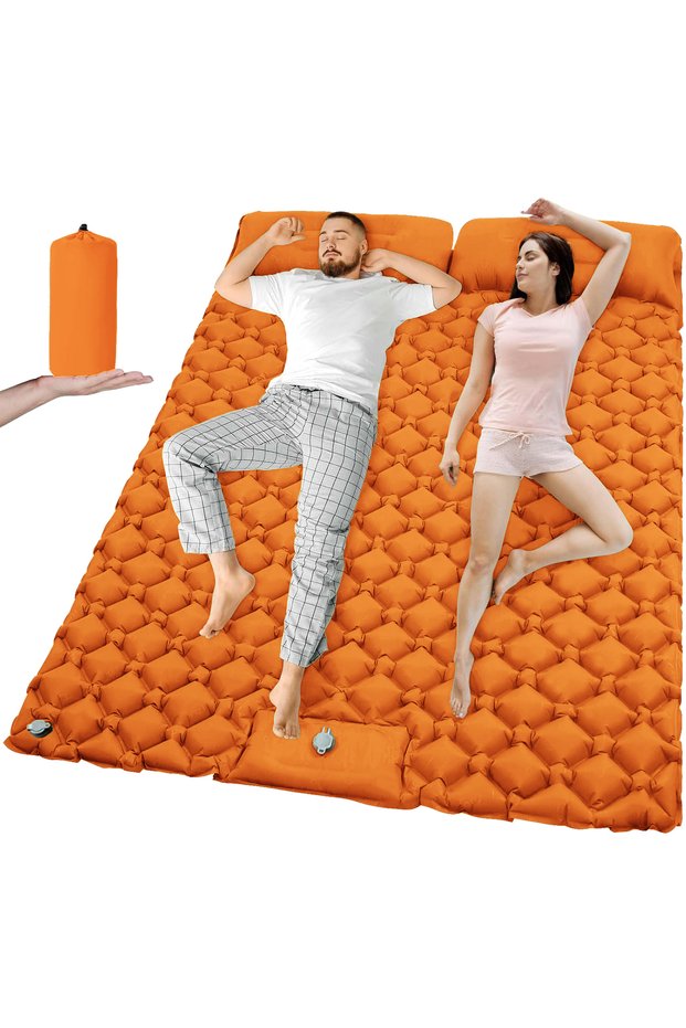 T2312Orange Outdoor Camping Double Inflatable Mattress Extra Wide Sleeping Pad Ultralight Folding Be