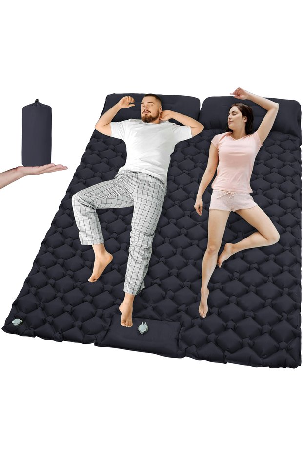 T2312Navy blue Outdoor Camping Double Inflatable Mattress Extra Wide Sleeping Pad Ultralight Folding