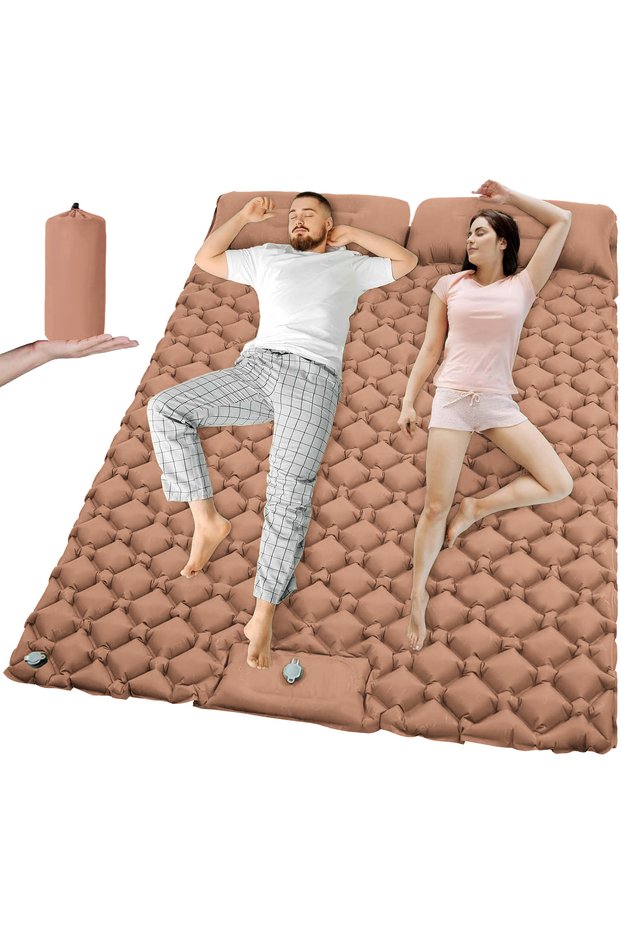 T2312Desert yellow Outdoor Camping Double Inflatable Mattress Extra Wide Sleeping Pad Ultralight Fol