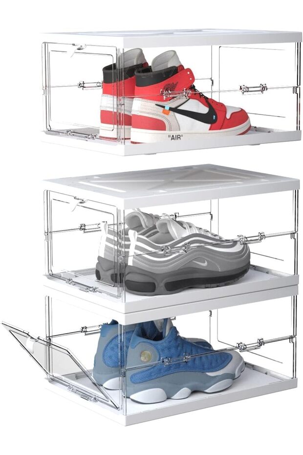 3-Layer Clear Plastic Stackable Shoe Storage Box, Foldable Shoe Organizer with Lids, Space S