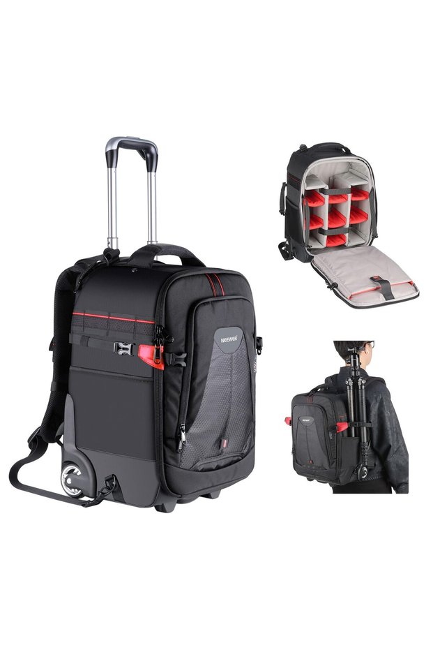 2-in-1 Rolling Camera Backpack Trolley Case - Anti-Shock Detachable Padded Compartment, Hidde