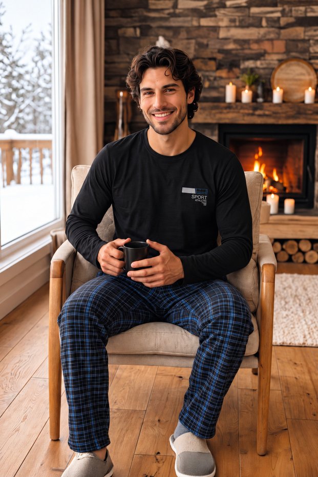 Cotton Soft Touch Şardonlu Black Long Sleeve Men's Pajama Set