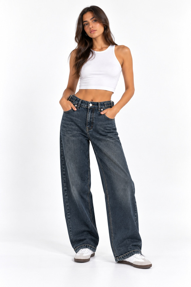 Women's High-Waisted Baggy Jeans with Side Buckle, Wide-Leg, Stretchy, Relaxed Fit, Distressed Detail Denim Pants.