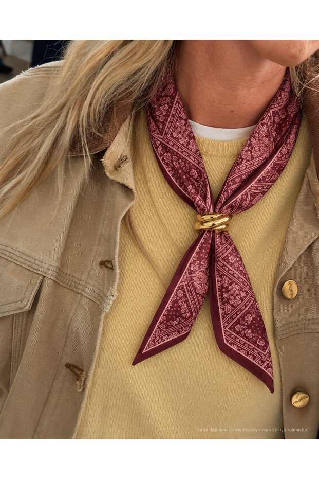 Burgundy Color Thin Scarf with Gold Buckle