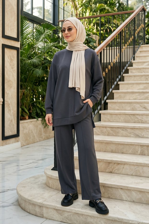 Basic Cotton Blend Tunic and Pants Set 002 Grey