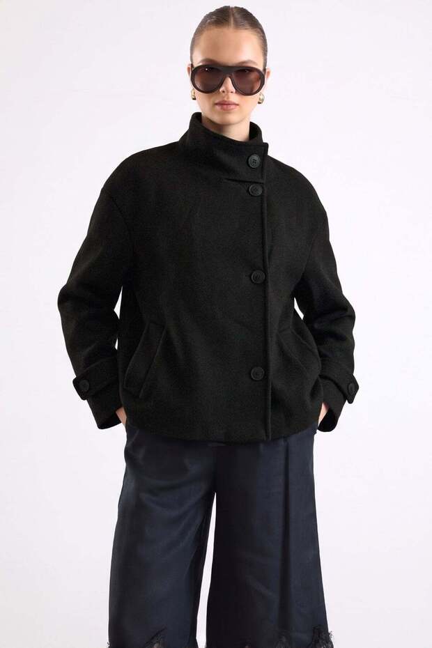 High Collar Oversize Short Coat Black 3203