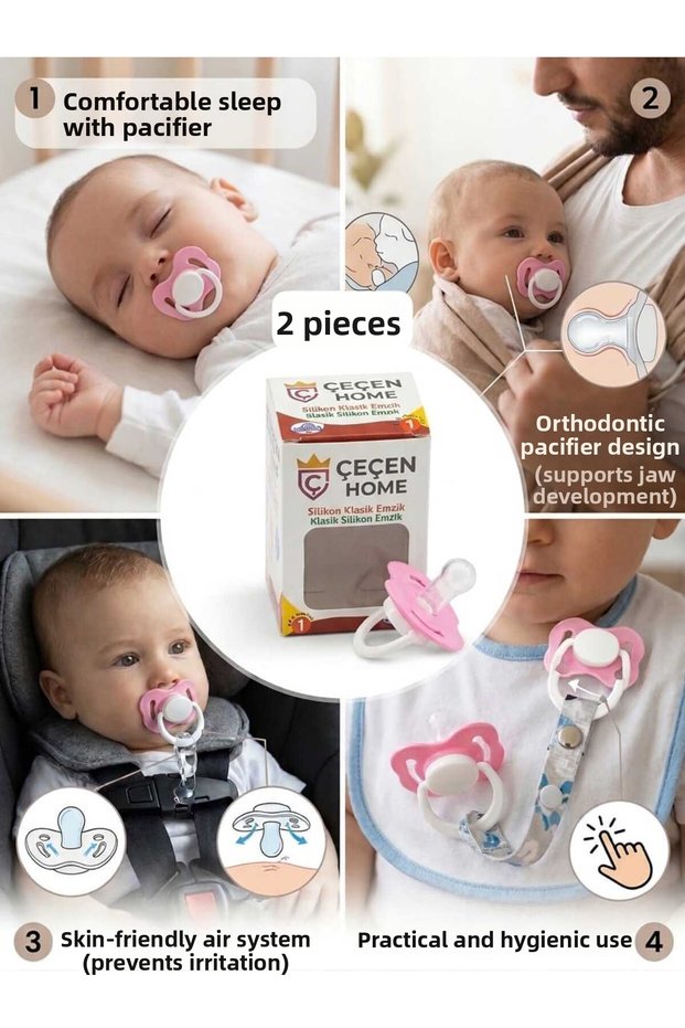2 Silicone Classic Pacifiers, 0–6 Months, Pink—Palate-Free Design, Skin-Friendly Baby Pacifier with Air-Channeled Design