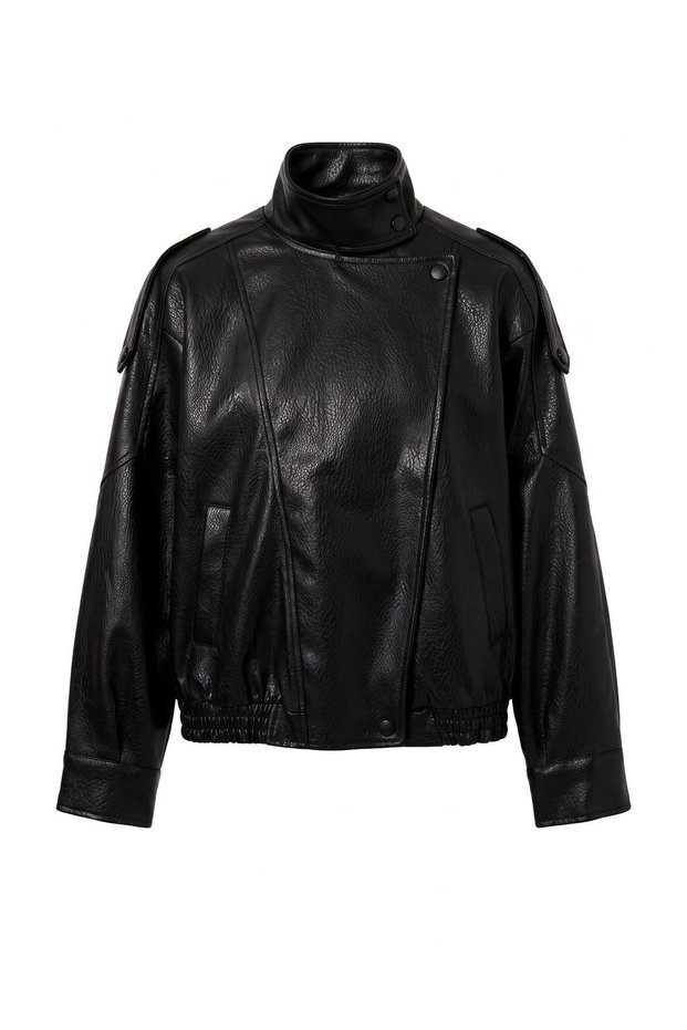 Black*001 Oversized Faux Leather Bomber Jacket with Stand-Up Collar Twoaw27Mo00042