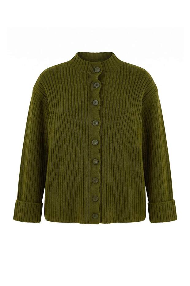 Oil Green Soft Textured Stand Collar Knitwear Plus Size Cardigan Tbbaw26Av00030
