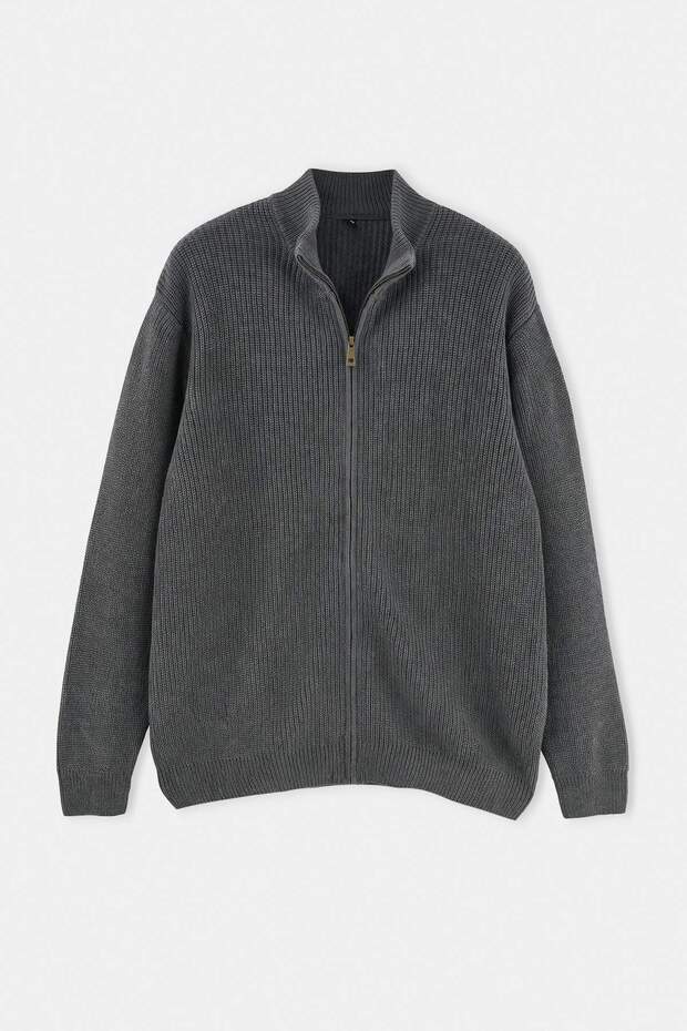 Plus Size Gray Regular Fit High Neck Zippered Knitwear Cardigan Tmnaw27Av00001