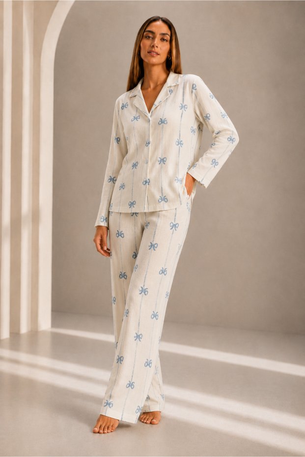 Women's Front Buttoned Long Sleeve Bottom Top White Pajama Set