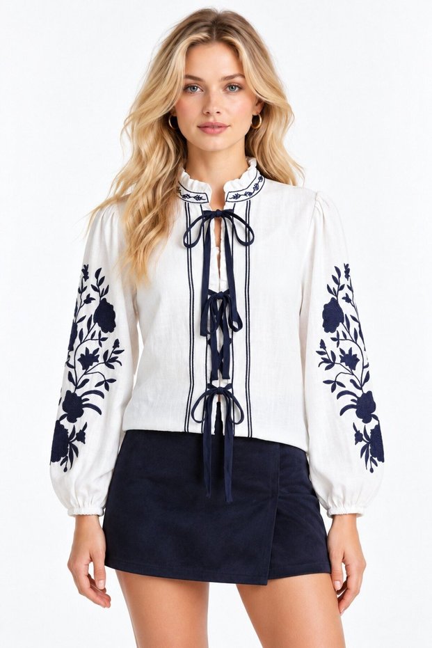 Ecru Ethnic Inspired Triple Lace Detailed Embroidered Balloon Sleeve Blouse