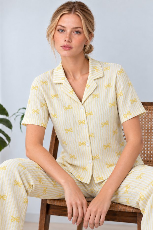 Women's Shirt Collar Patterned Double Yellow Pajama Set 4795