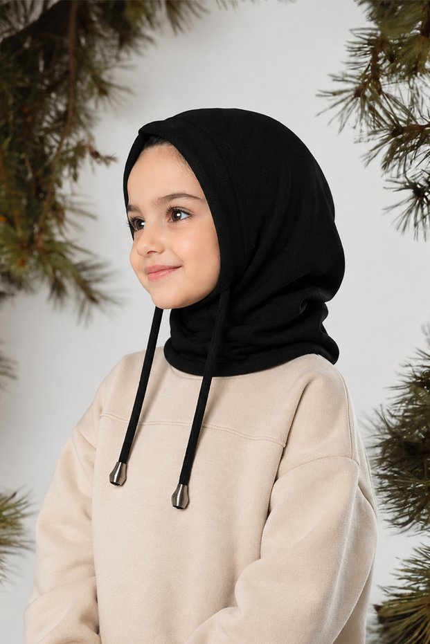 Black Youth Lace-Up Balaclava Beanie with Neck Warmer, Plain Knit, 2325_01.