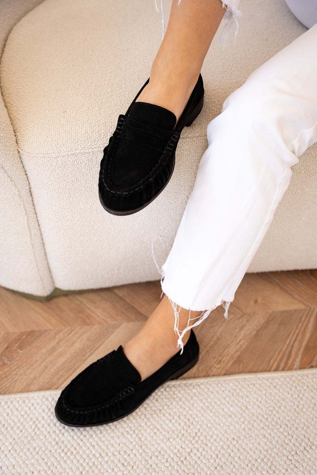 Dipsy Black Suede Genuine Leather Women's Loafers with Seam Detail