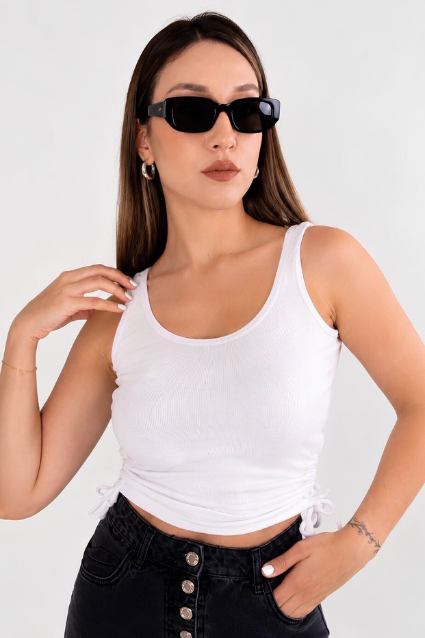 White Ruched Crop Tank Top with Draped Details | Pool Neck, Fitted Cut | Asymmetrical Cut, Ribbed Knit Corset Top