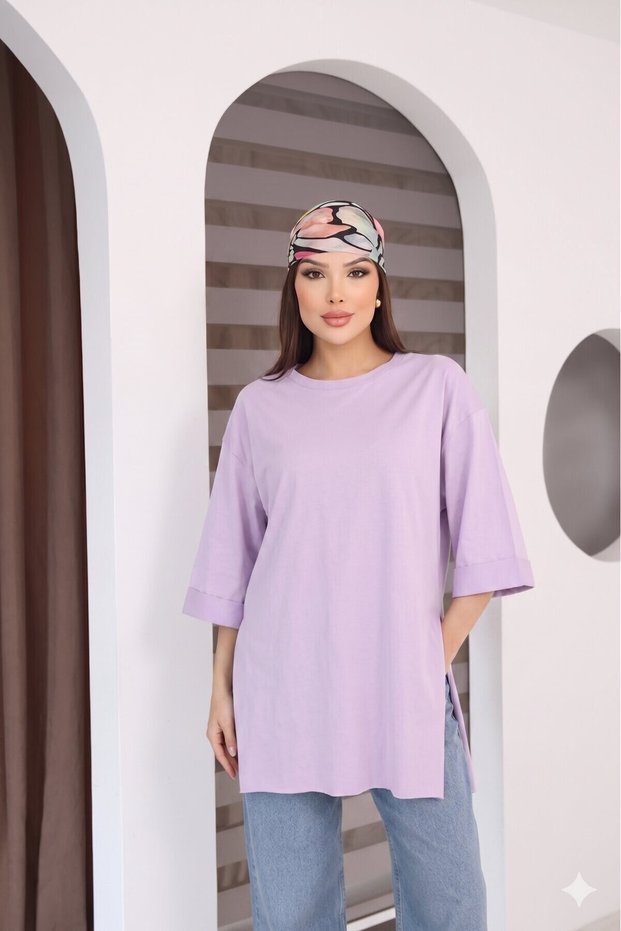 Lilac Oversized Double-Sleeve Long T-Shirt with Side Slits | Cotton Basic Crew Neck Single Jersey Fabric Day