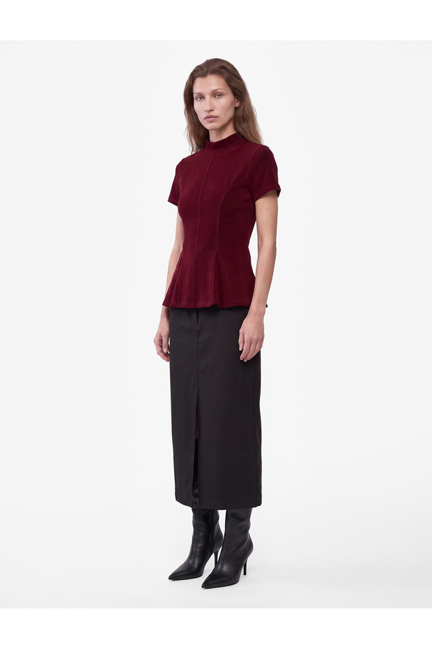 Slim Fit Textured Stand Collar Short Sleeve Peplum Blouse