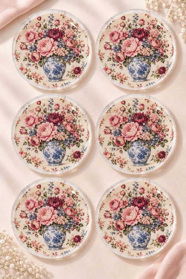 Set of 6 Glass Dessert Plates - Blue Vase and Pink Rose Pattern, 16 cm - 6 Cake Plates.