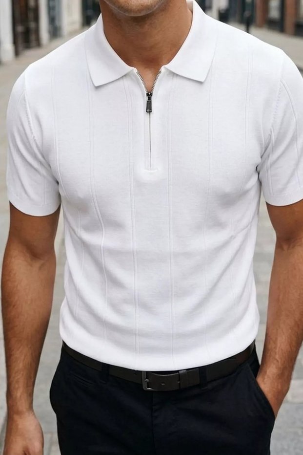 Men's Polo Collar Half Zipper Patterned Knitwear T-Shirt