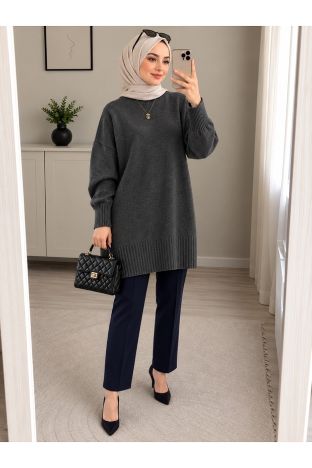 Anthracite Crew Neck Oversized Women's Knitwear Tunic