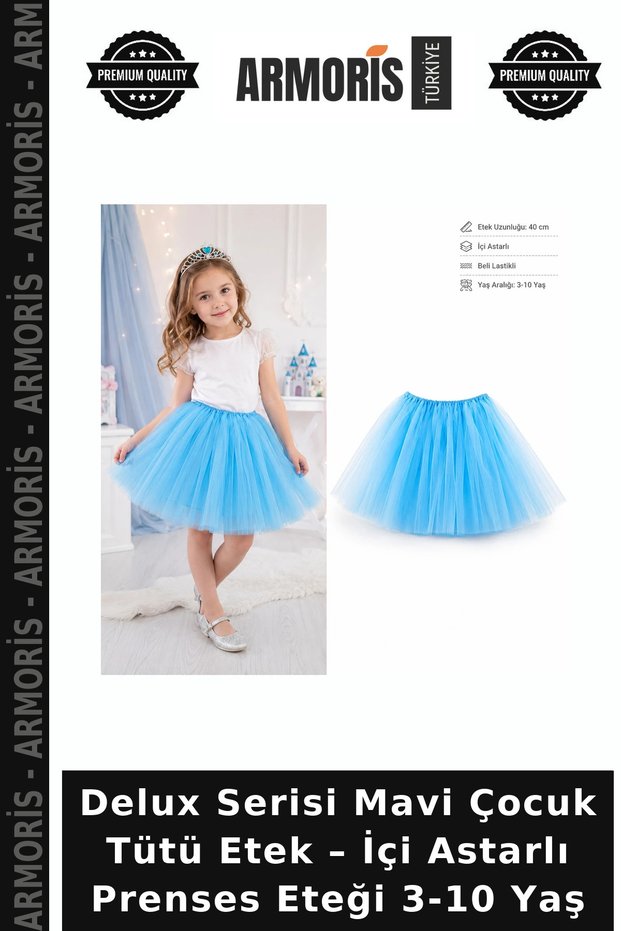 Deluxe Series Blue Children's Tutu Skirt – Lined Princess Skirt, Ages 3–10