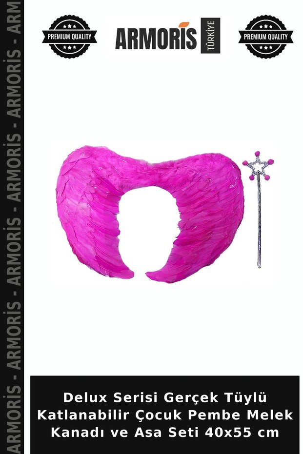 Deluxe Series Real-Feather Foldable Children's Pink Angel Wing and Wand Set, 40x55 cm