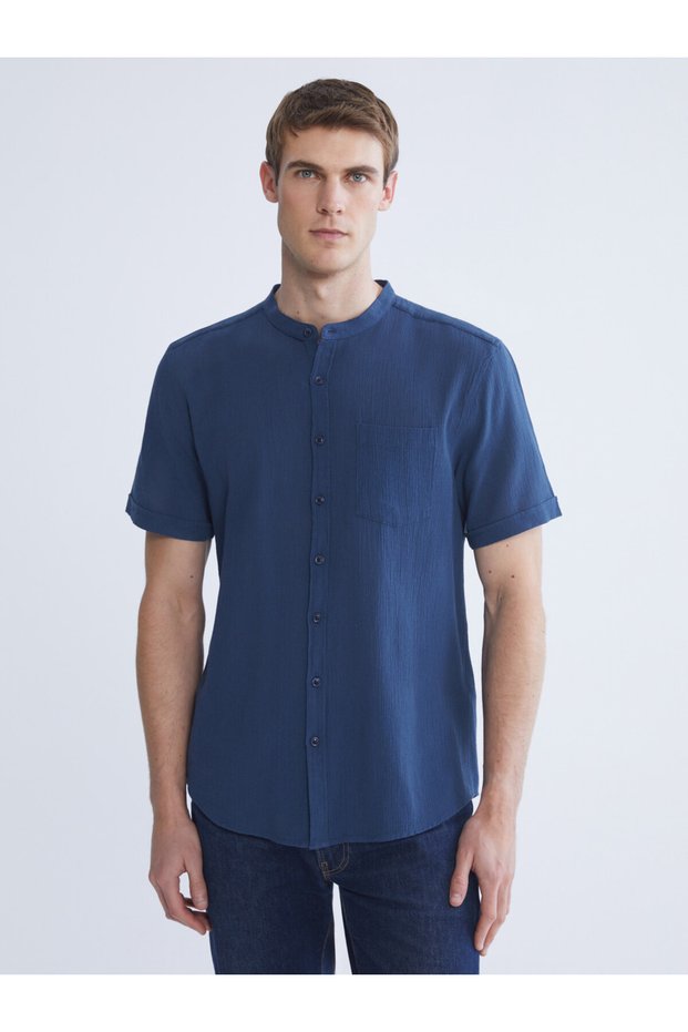 I Standart Fit Upright Roba Collar Short Sleeve Men's Shirt from Freezen Store