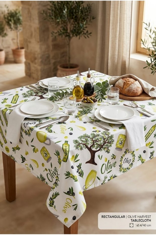 Luxury Olive-Patterned Digitally Printed Tablecloth—100% High-Quality Fabric, Stain-Resistant, Rectangular, for Kitchen, Living Room, Balcony, and Garden