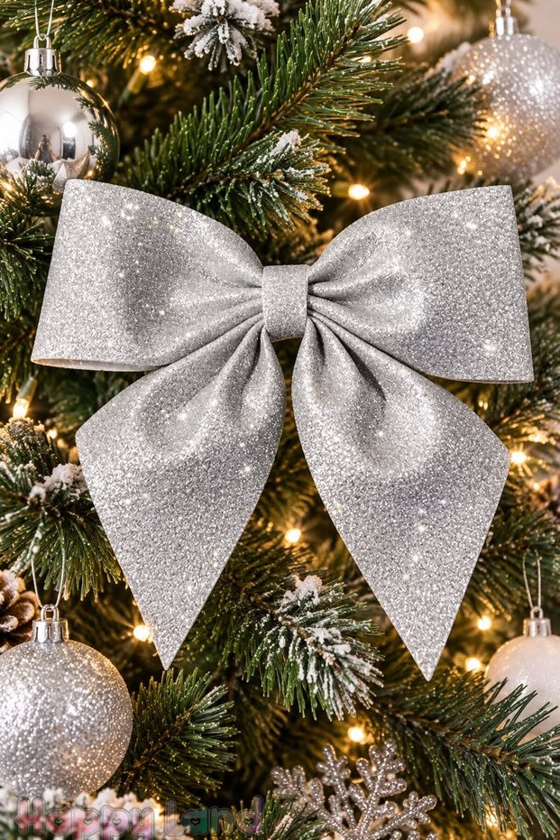 New Year's Decoration: Eva Silver Bow with Bow Detail—Small New Year's Decoration, 20 cm—For Christmas Trees, Doors, and Walls