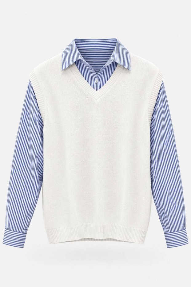 Unisex Long-Sleeve Shirt with a Shirt Collar, Knit White Sweater-Shirt