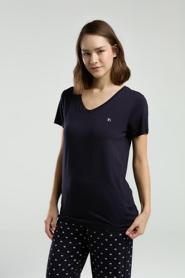 3225 Women's V-Neck Short Sleeve Navy Blue Polka Dot Capri Pajama Set