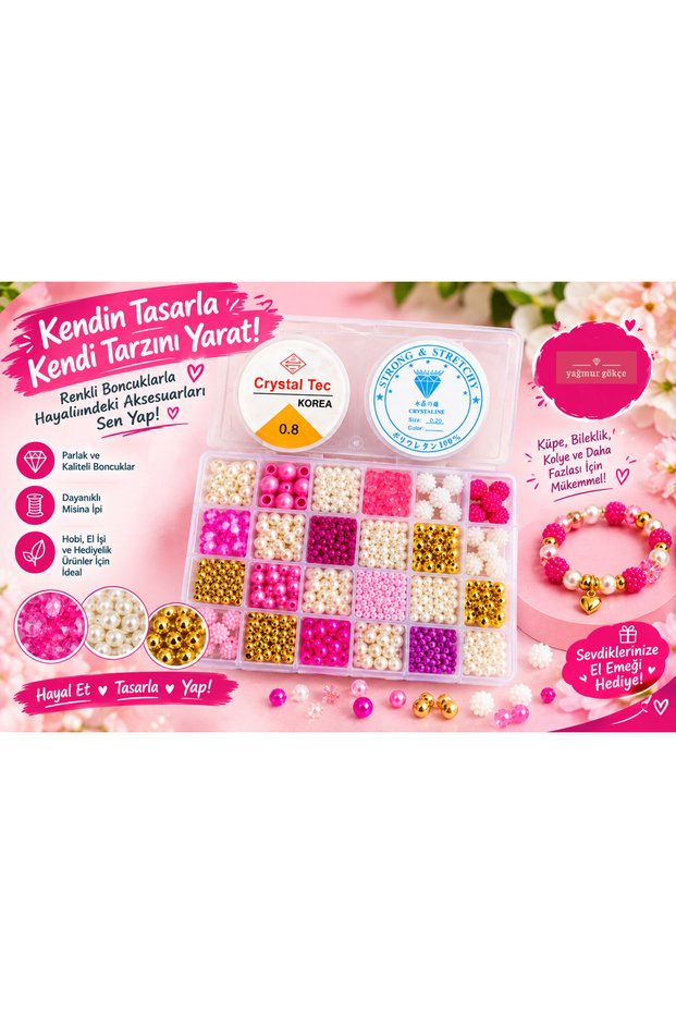No:118 Pink Beaded Jewelry Making Kit in a 24-Cell Box - with 2 Bead Needles