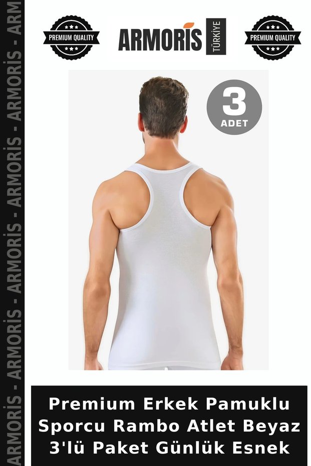 Premium Men's Cotton Rambo Athletic Tank Top, White, 3-Pack, Casual, Stretchy