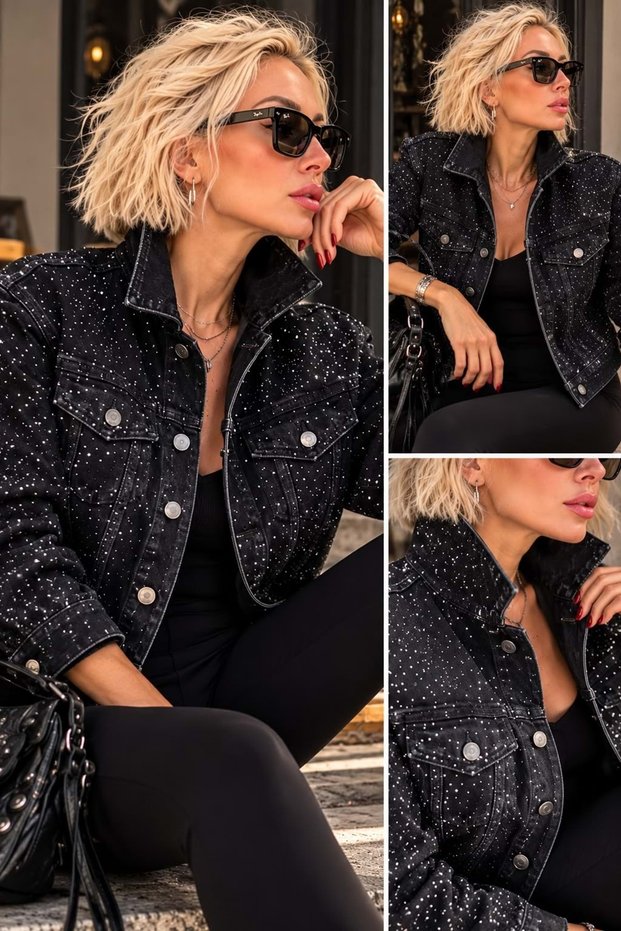 Shine Collection Black Denim Cropped Jacket with Crystal Batwing Sleeves