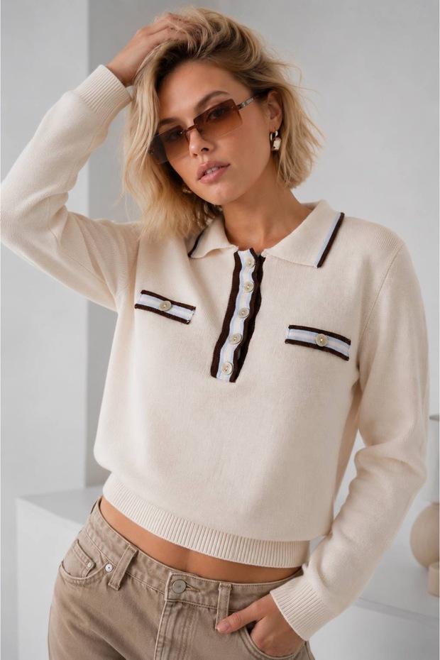 Women's Button-Down Polo Neck Basic Knit Sweater
