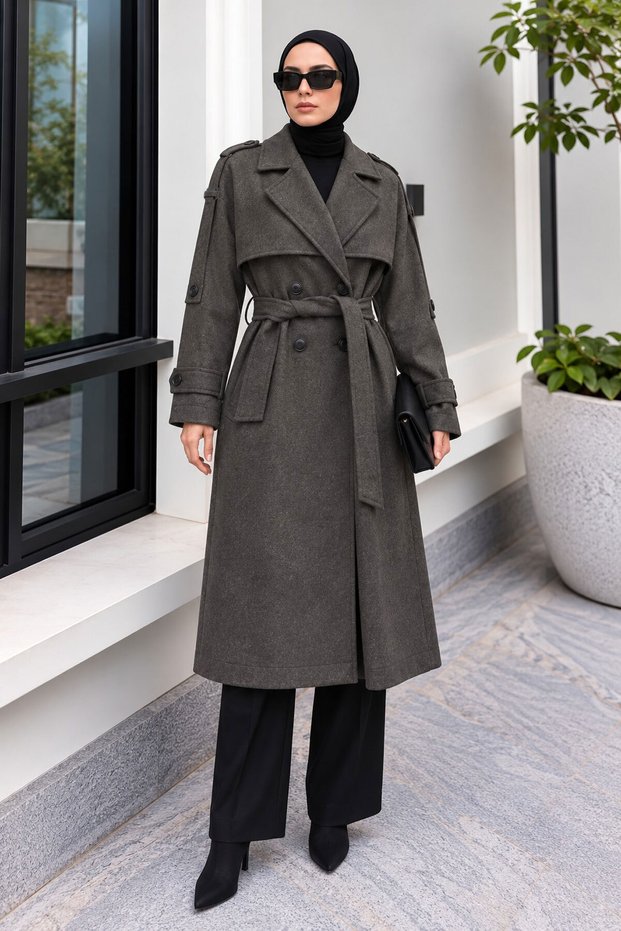 Double-Breasted Melton Coat with Collar Detail, TSD260378, Charcoal Grey