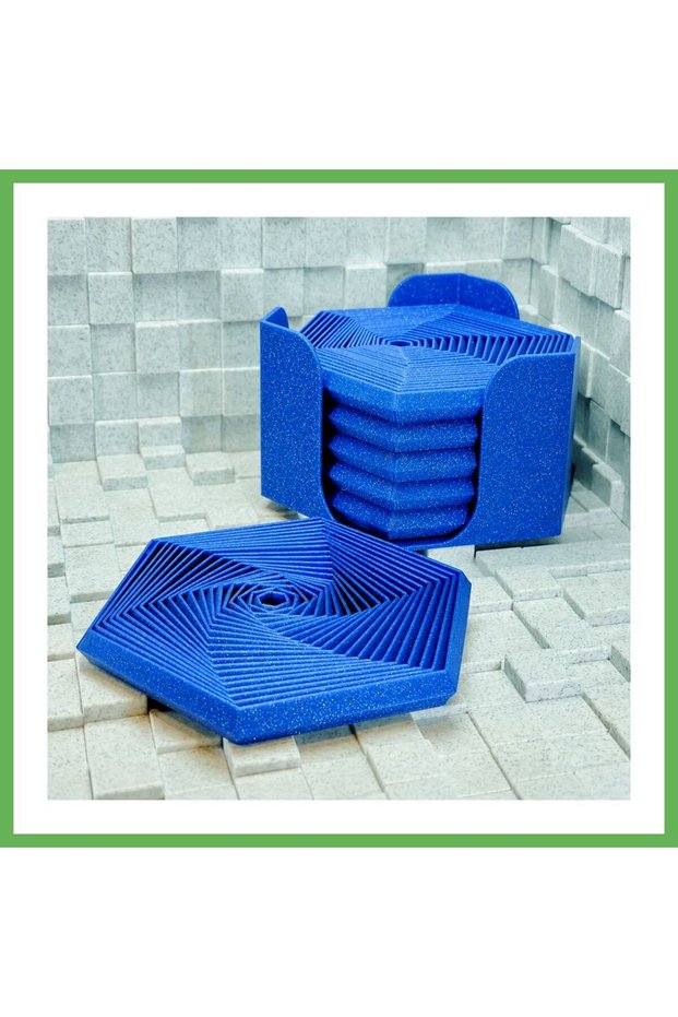 3D Printed Super Fidget Coaster Set - Hexagon Patterned Coasters and Holder - Blue Gen01