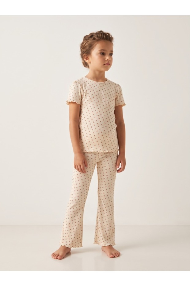 EL2528 Girls' Cotton Cherry-Print Short-Sleeved, Long Legged Pajama Set, Ecru