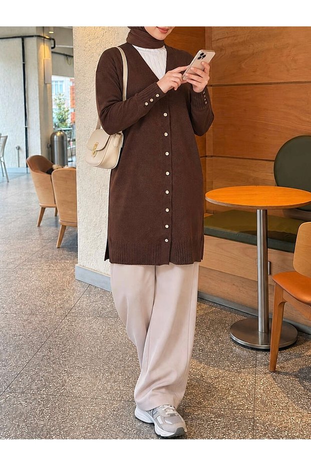 Knit Cardigan with Sleeve Details - 3176 - Dark Coffee
