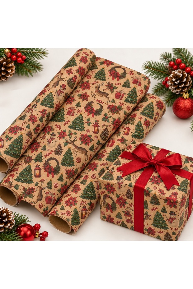 New Year's Gift Wrapping Paper, Kraft, 70x100 cm, 10 Sheets | New Year's-Themed Gift Wrapping and Decorative Paper