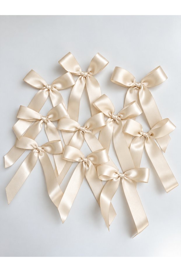10 ready-made long satin ribbon bows, each 3 cm wide, with a bow detail for a birthday party