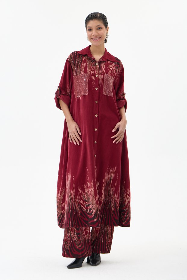 Women's Burgundy Italian 100% Cotton Velvet Zebra-Print Shirt Dress with Pants Velvet Set, Sizes 38–44
