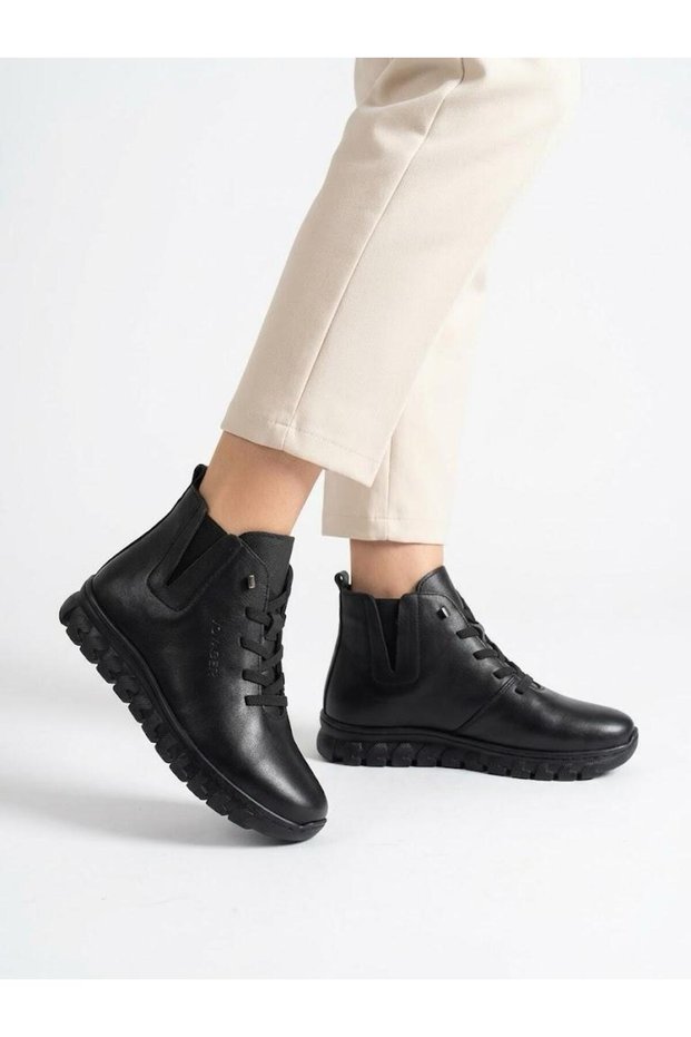 Women's black genuine leather orthopedic non-slip sole warm daily boots