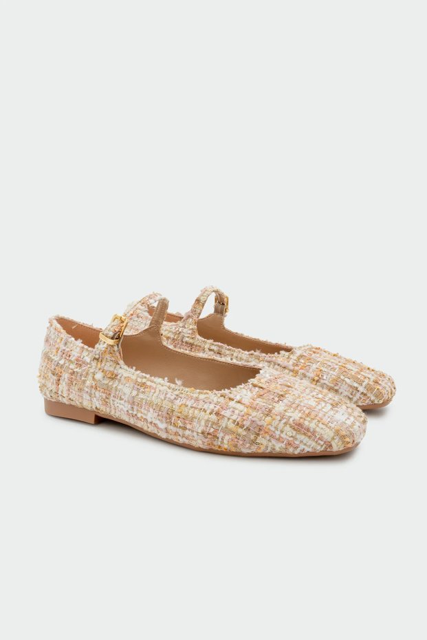Atrıa Nude Tweed Mary Janes Women's Ballet Flats with Buckle Detail