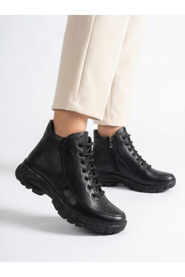 Women's Black Genuine Leather Orthopedic Non-Slip Sole Heat-Retaining Zip-Up Boots