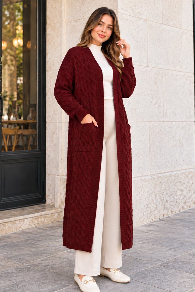كارديجان تريكو بنقشة متماسكة R4612 باللون العنابي