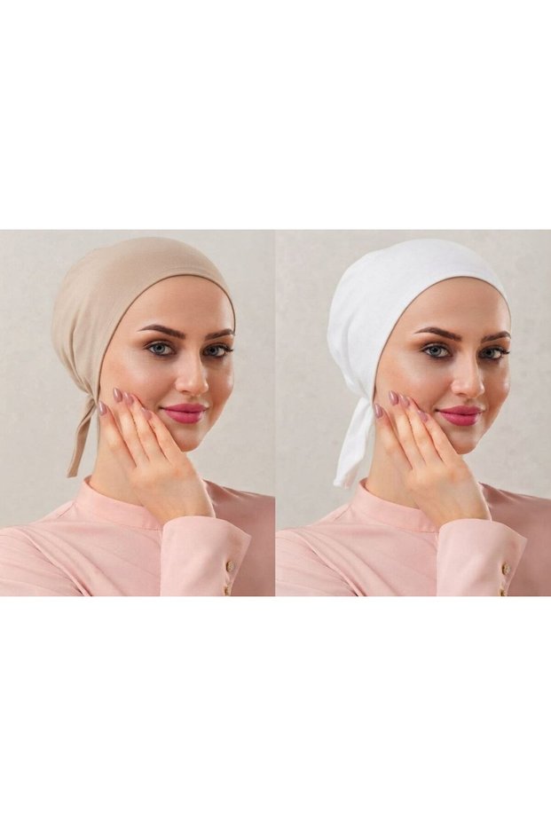 2 Pcs Hijab Stitched Combed Cotton Bonnet Non-Slip Cotton Bonnet -Beige -White